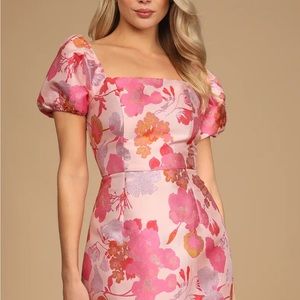 Orange Multi Floral Jacquard Puff Sleeve Mini Dress from lulus